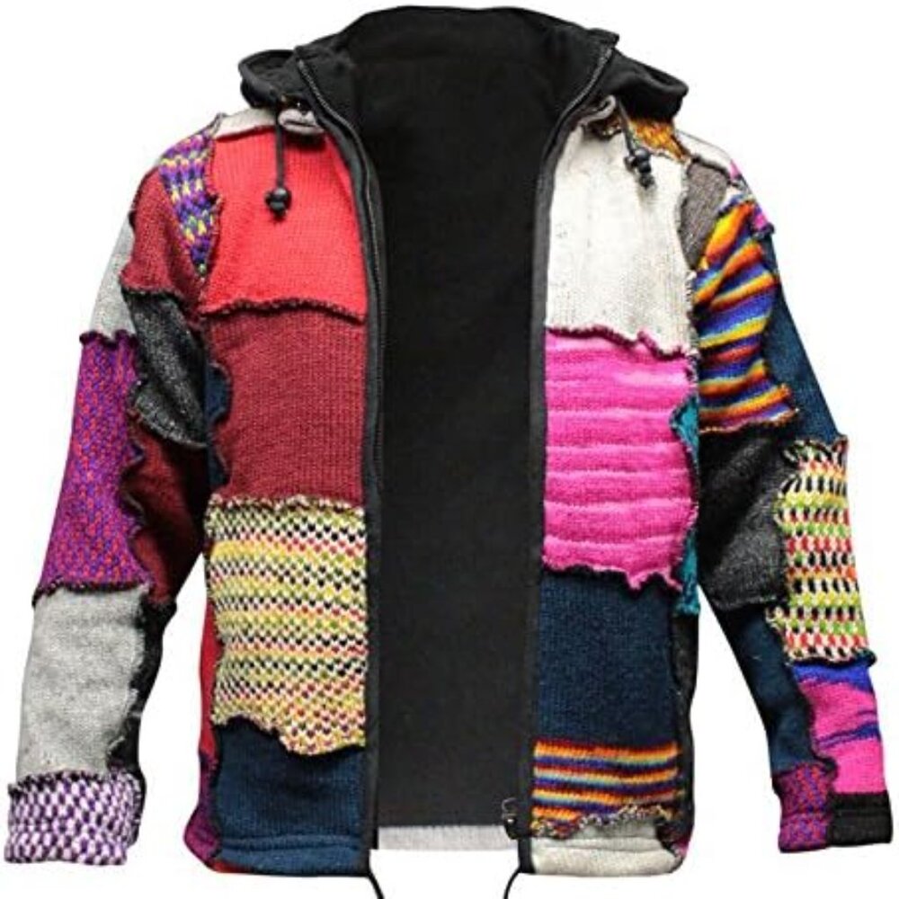 ✨Shopoholic Men Black Tye Dye Patchwork Hippie Jacket Fleece Lined Hippy Sweater - Picture 3 of 3